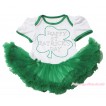 St Patrick's Day White Baby Bodysuit Kelly Green Pettiskirt & Sparkle Rhinestone Clover Print JS4355